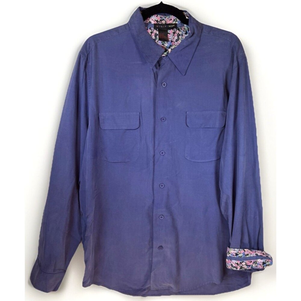 Tulliano Shirt Mens XL Blue 100% Silk Long Sleeve Button Up Floral Cuffs Collar